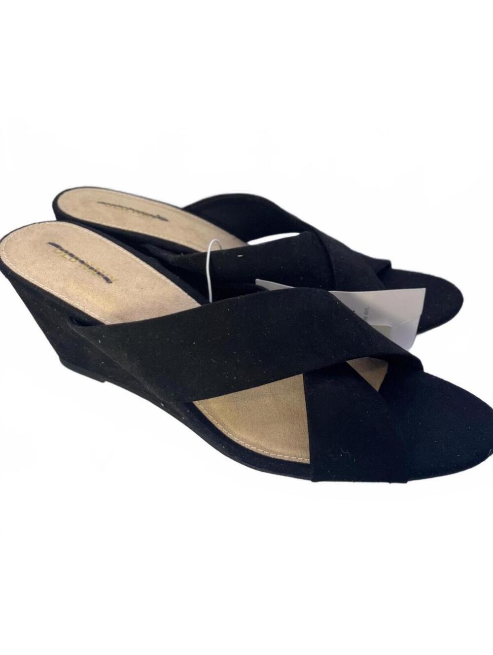 Black Cross Wedge Heeled Sandals Size 9 Old Navy Faux-Suede Summer Strappy New